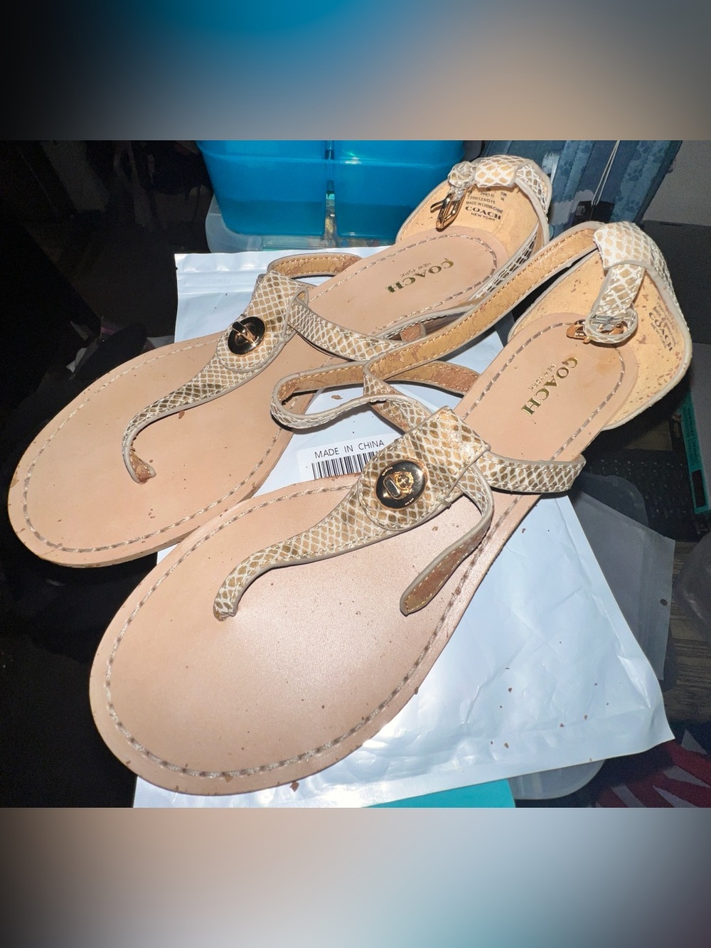Coach New York Beige Snakeskin Embossed Leather Thong Sandals - Worn once!!